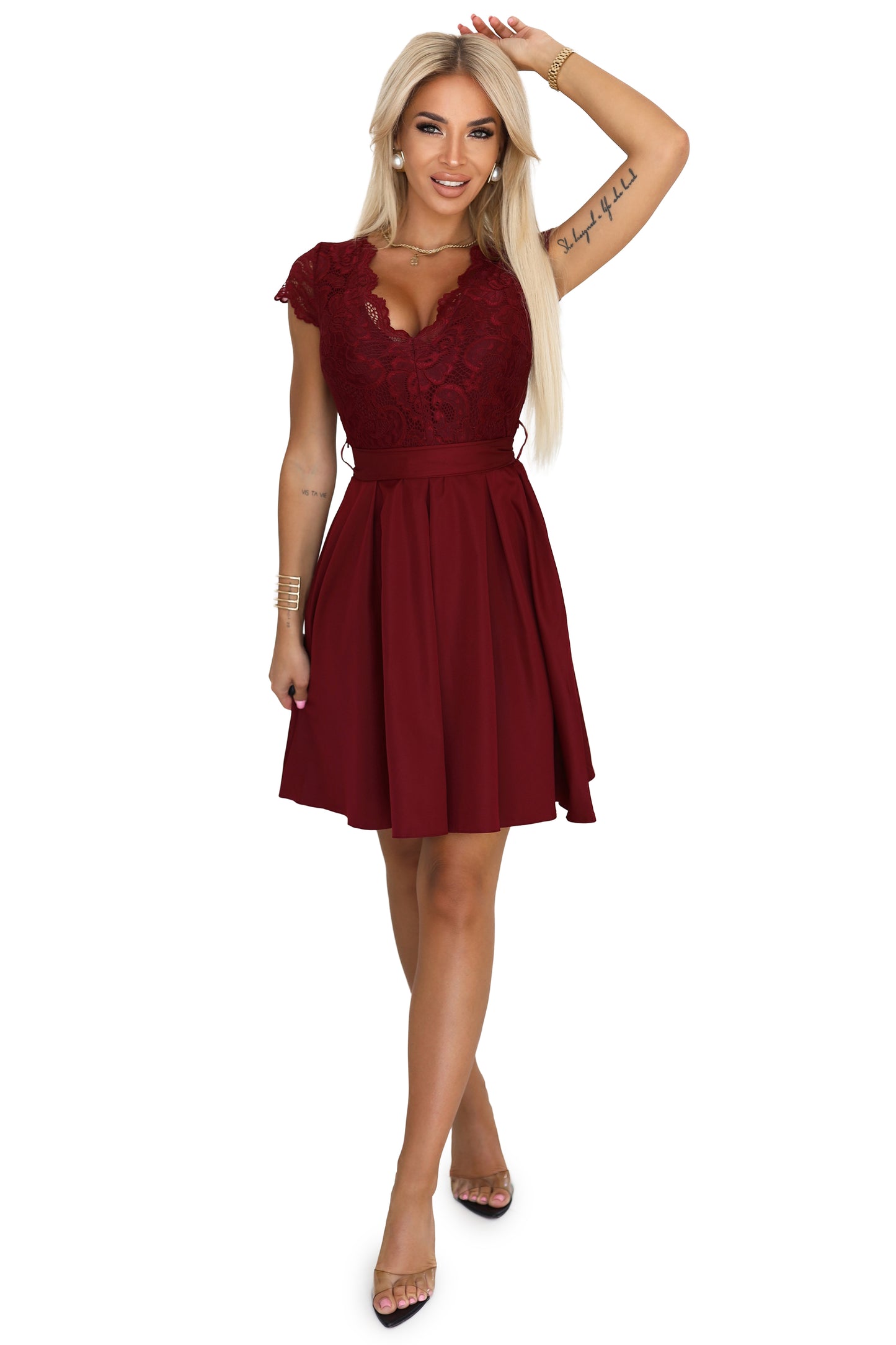 Numoco 242-5 ANNA Lace dress with a neckline and flared skirt - burgundy