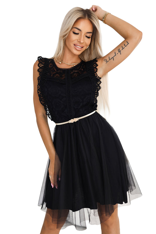 Numoco Basic 454-5 GRETA lace dress with tulle skirt and gold belt - black