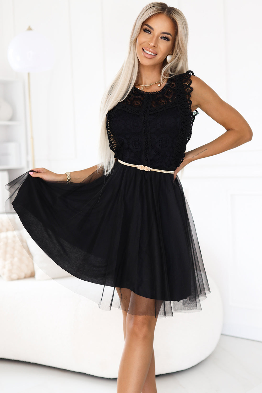 Numoco Basic 454-5 GRETA lace dress with tulle skirt and gold belt - black