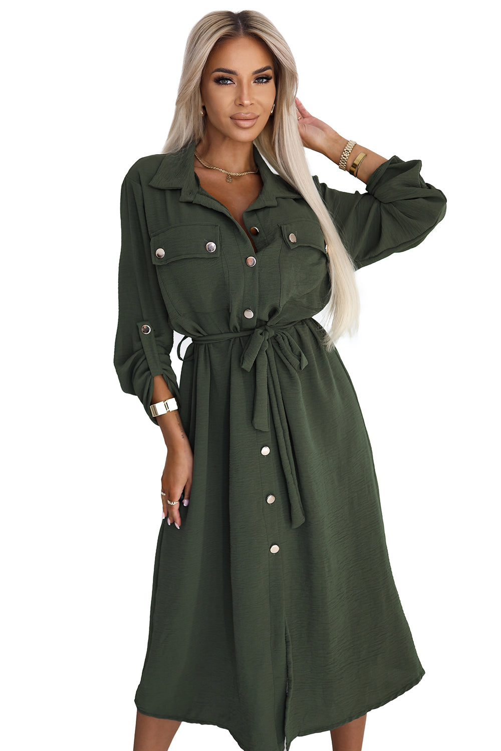 Numoco Basic 531-5 Midi Shirt Dress with Gold Buttons and Tie - KHAKI