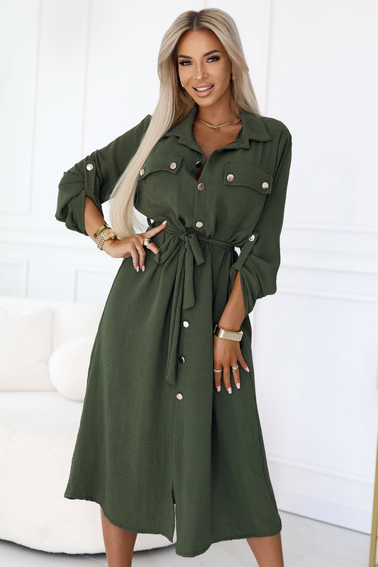 Numoco Basic 531-5 Midi Shirt Dress with Gold Buttons and Tie - KHAKI