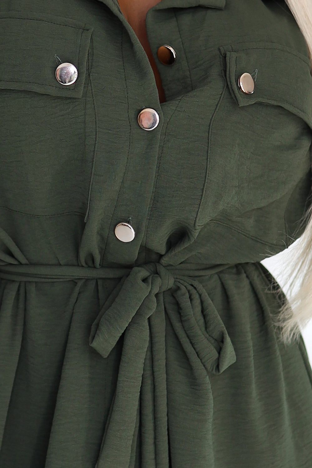 Numoco Basic 531-5 Midi Shirt Dress with Gold Buttons and Tie - KHAKI