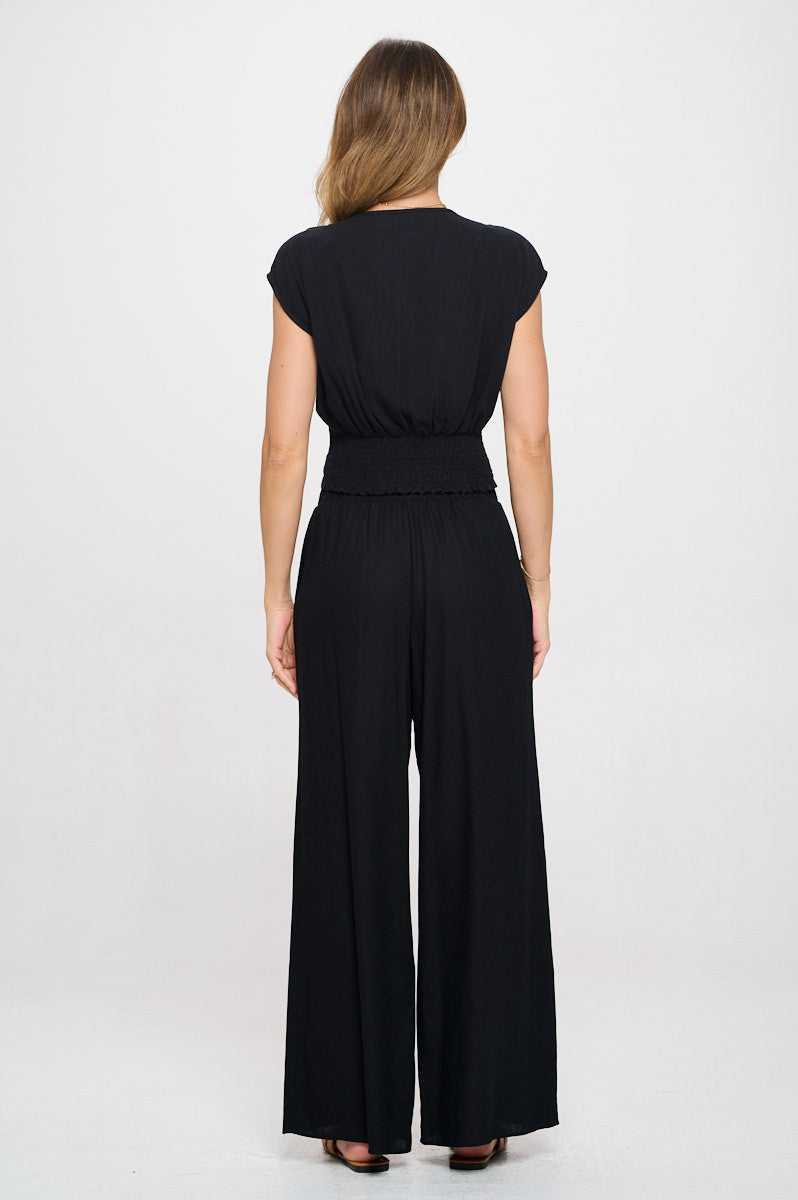 Solid Linen V neck Crop Top w Smock Back Detail