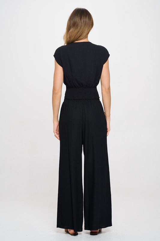 Solid Linen V neck Crop Top w Smock Back Detail