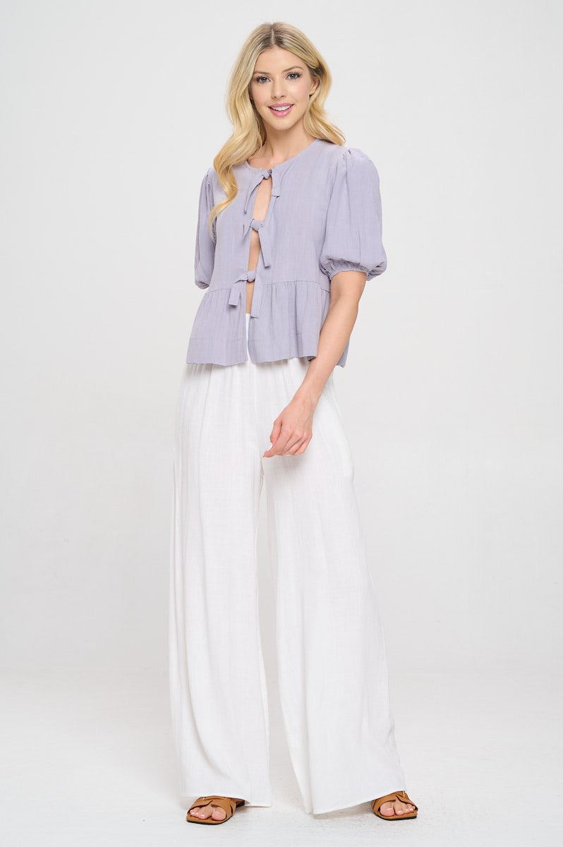 Linen Solid Puff Sleeve Top with Front Bow Detail