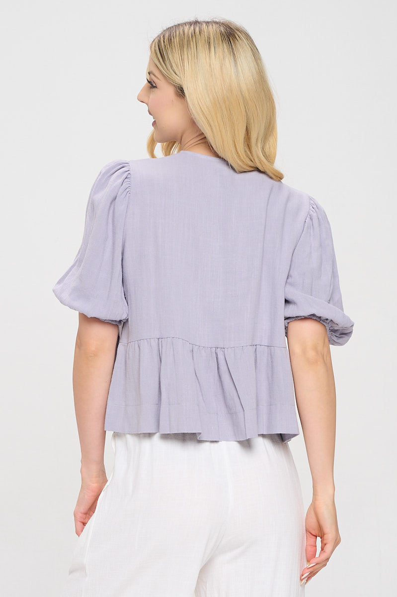Linen Solid Puff Sleeve Top with Front Bow Detail