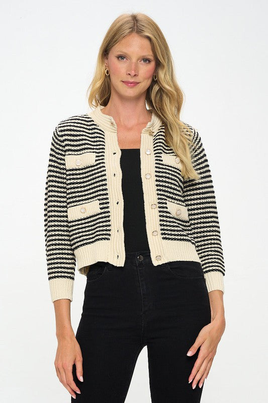 Knit Open Front Mini Cardigan with Buttons